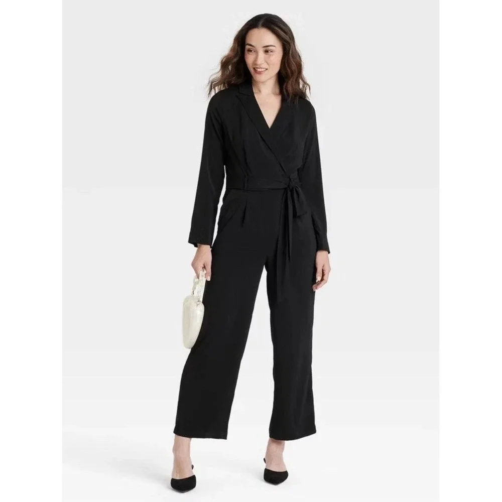A New Day Long Sleeve Black Wrap Front Jumpsuit Size Medium - Picture 1 of 5
